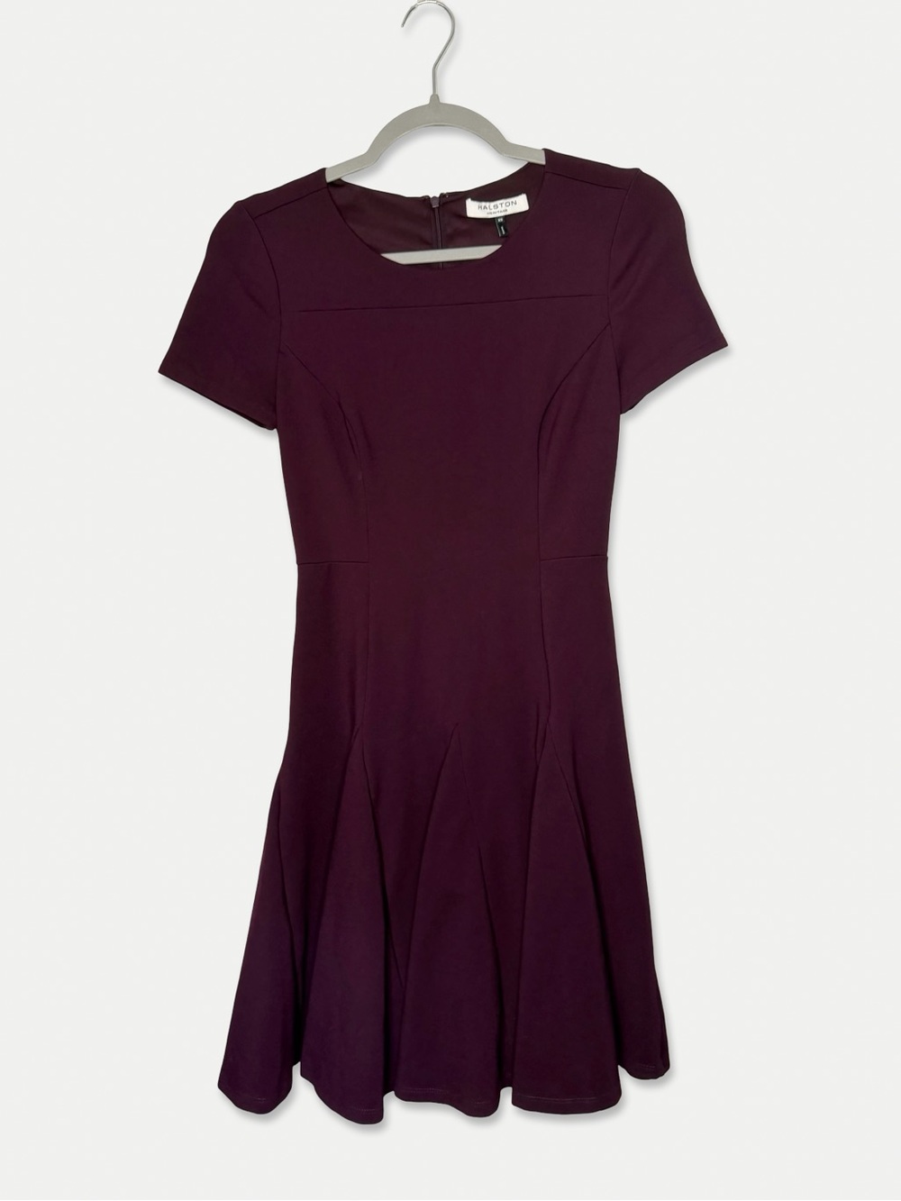 Halston Heritage XS Burgundy Fit Flare Ponte Dress Pleated Godet Hem
